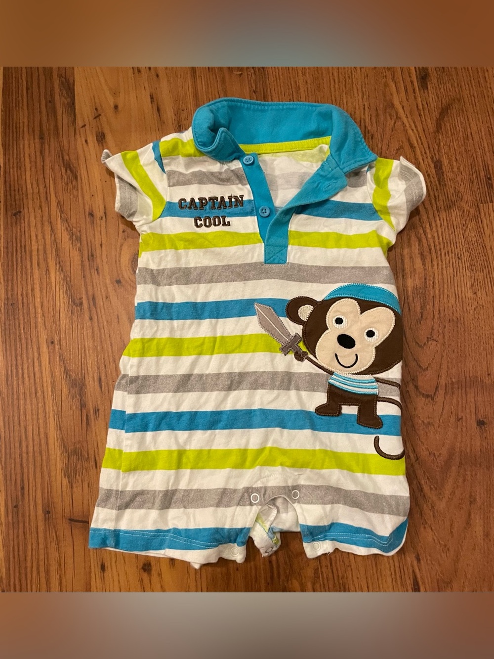 Koala Kids Blue Green Gray Striped 'Captain Cool' Monkey Romper
